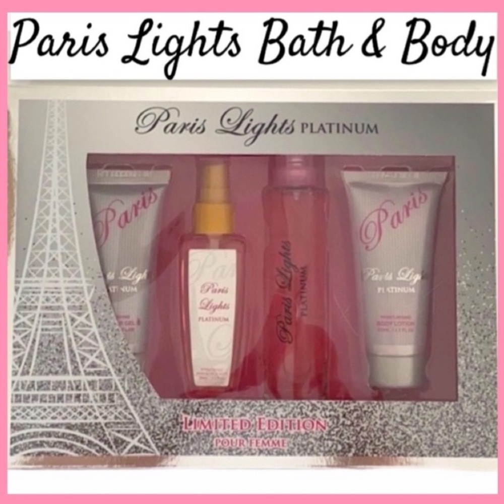 Paris Lights Bath and Body Fragrance Set Womens Cosmetics Gifts Pink Silver